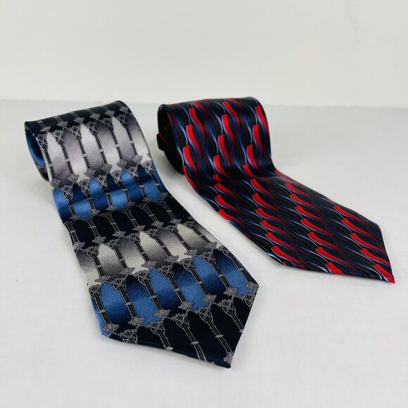 Kilburne and Finch Silk Luxury Tie Set of 2 Geometric Pattern Printed Necktie - Picture 1 of 6